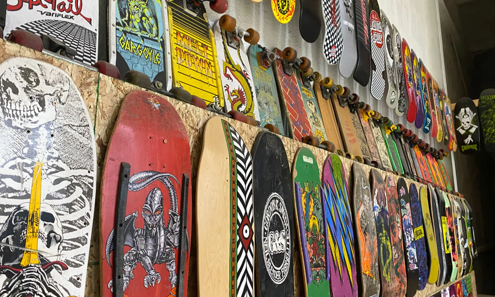 Skateboard decks on a wall